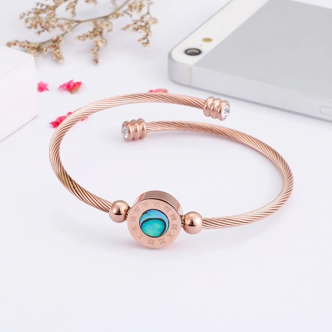 Bracciale Rigido Acciaio Inossidabile Oro 18K Intarsio Conchiglia Numeri Romani Aperto Gioielli Per Donne