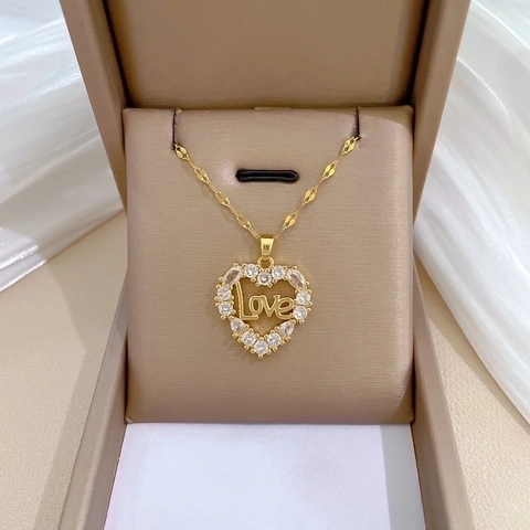 Elegant Heart Shaped Love Letter Pendant Necklace Gold Plated Stainless Steel And Copper Cubic Zirconia Inlaid Jewelry