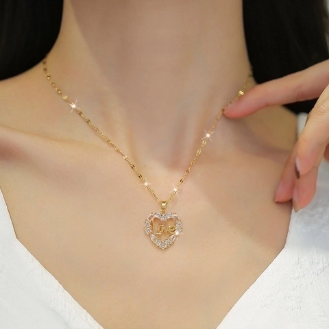Elegant Heart Shaped Love Letter Pendant Necklace Gold Plated Stainless Steel And Copper Cubic Zirconia Inlaid Jewelry