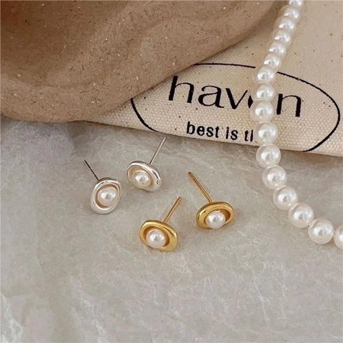 Freshwater Pearl Stud Earrings 925 Sterling Silver Irregular Geometric Border Minimalist Korean Style Jewelry For Women
