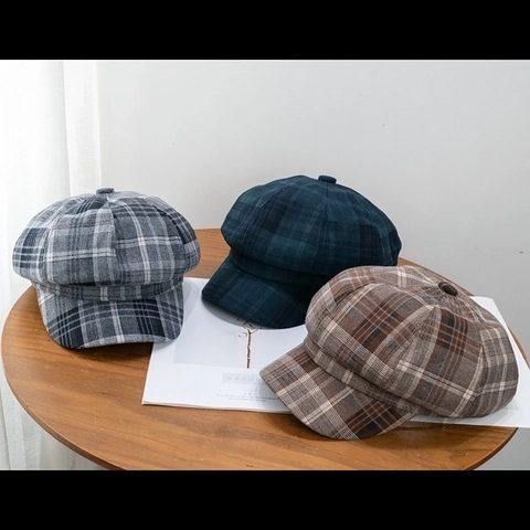 Britischer Vintage Karo Schirmmütze Baumwollmischung Verstellbare Oktogonale Baskenmütze Maler Hut Retro Karo Flache Kappe Damen Herren