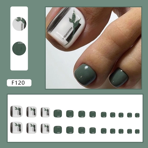 Dark Green Press On Toenails White Leaf Print Full Cover Square Fake Toe Nails Glossy Summer Beach Style Elegant Foot Decor