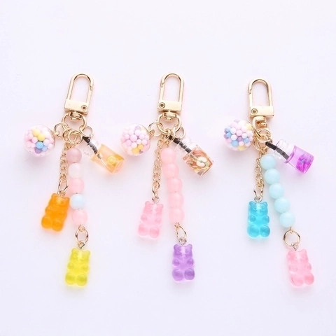 Llavero Lindo De Osito De Goma Con Mini Colgante De Bebida De Resina Y Cuentas Coloridas Accesorio Para Bolso