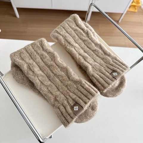 Winter Warme Wadenlange Socken Wollmischung Zopfmuster Einfarbig Lässig Thermostrümpfe Mit Dekorativem Aufnäher