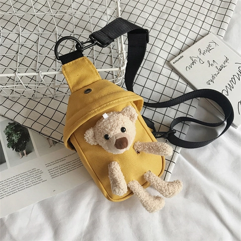 Sac De Poitrine En Toile Pour Femmes Avec Décoration Ours En Peluche Bandoulière Réglable Prise Casque Sac Banane Décontracté