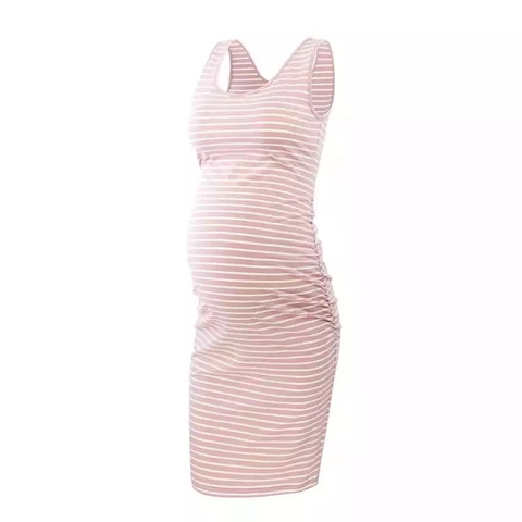 Gestreepte Positiejurk Mouwloos Geplooide Zijkanten Ronde Hals Bodycon Knielengte Stretch Zwangerschapskleding