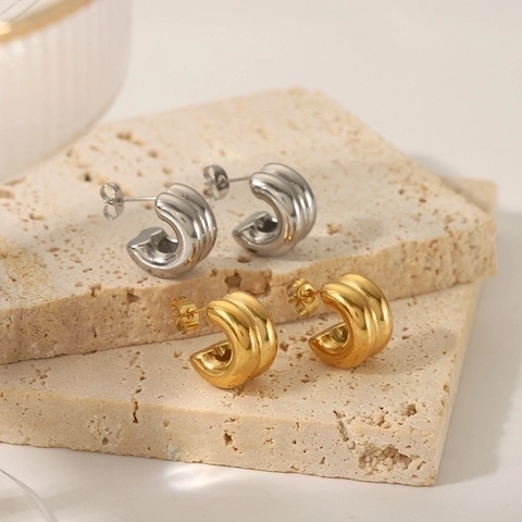 Chunky C-Shaped Hoop Earrings Stainless Steel 18K Gold Plated Geometric Double Layer Polished Fashion Jewelry For Women