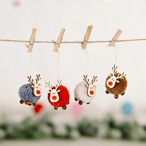 Felt Reindeer Christmas Hanging Ornament Wood Pom-Pom Deer Pendant For Christmas Tree Holiday Home Decor Party Supplies