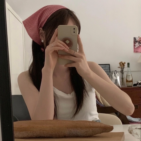 Retro French Gingham Triangle Headscarf Cotton Bandana Lace Crochet Hair Accessory For Women Elegant Head Wrap