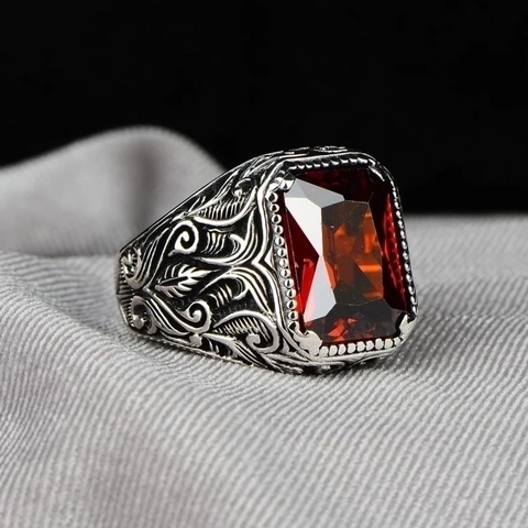 Vintage Men Ring With Rectangle Red Zirconia Baroque Carved Scrollwork Antique Silver Finish Retro Fashion Jewelry