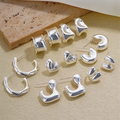 Minimalist Stainless Steel Stud Earrings For Women Silver Color Irregular Geometric Heart C Shape Liquid Metal Style Jewelry With Earring Post