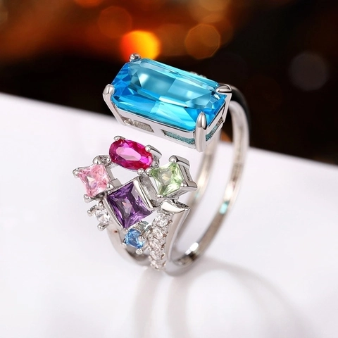 Anello Aperto in Zirconia Multicolore da Donna Colore Argento Base in Rame Pietra Blu Taglio Smeraldo Geometrico Gioielli di Moda