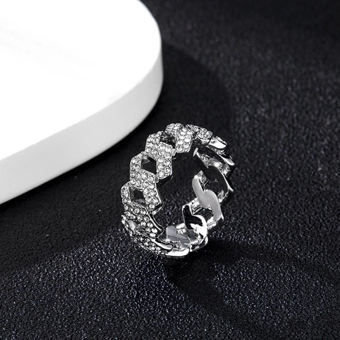 Anello a Maglia Cubana in Lega Hip Hop Lucido Pavé di Strass Anello a Fascia Gioielli Geometrici Personalizzati Regalo Uomo Donna