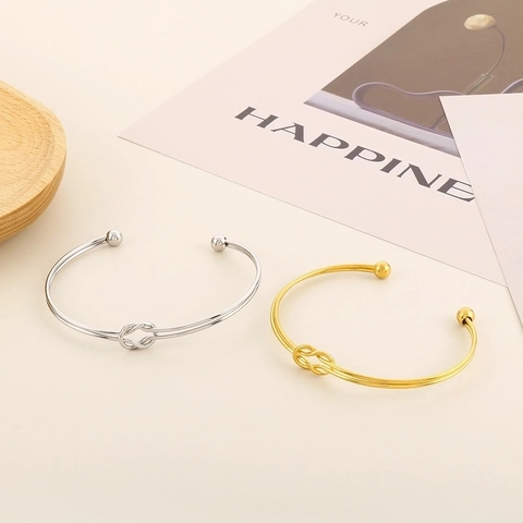 Minimalist Stainless Steel Knot Open Bangle Bracelet For Women Elegant Double Line Adjustable Cuff Jewelry