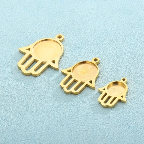 Colgante Mano De Hamsa Acero Inoxidable Dije Mano De Fátima Bandeja Redonda Fabricación De Joyas DIY Base De Incrustación Tendencia