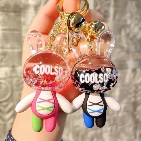 Süßer Cartoon Treibsand Hase Schlüsselanhänger Für Damen Flüssiger Glitzer Kaninchen Schlüsselring Tasche Charm Auto Anhänger Deko