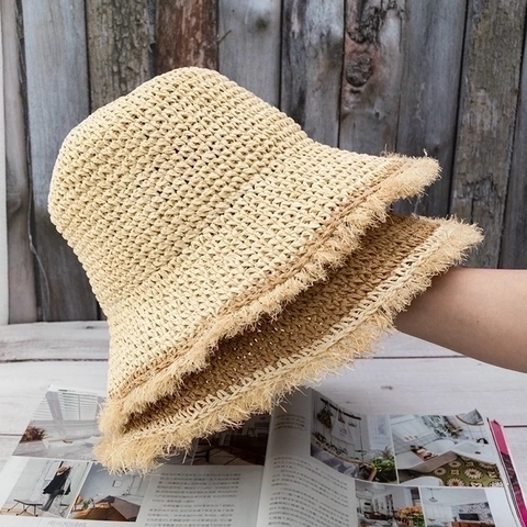 Women Handmade Crochet Straw Bucket Hat Summer Beach Sun Hat Foldable Raw Edge Fringe Breathable