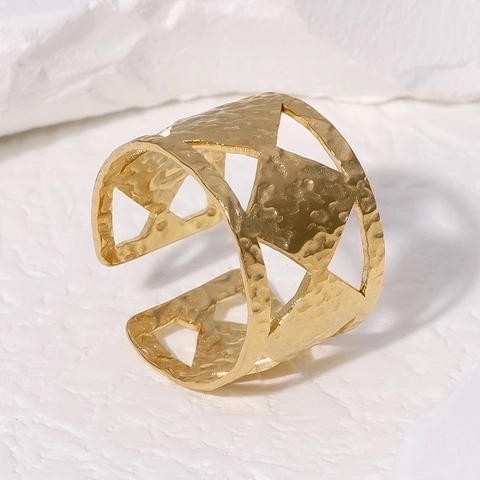Anello Aperto In Acciaio Inossidabile Martellato Da Donna Ritaglio Geometrico Regolabile Placcato Oro 18K Gioielli