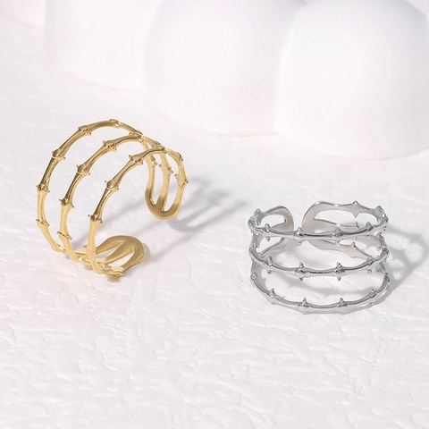 Minimalist Stainless Steel Bamboo Joint Thorn Multi-Layer Open Adjustable Ring Aesthetic Jewelry For Women
