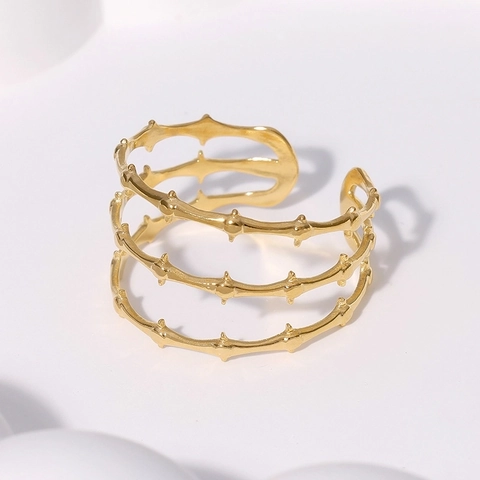 Minimalist Stainless Steel Bamboo Joint Thorn Multi-Layer Open Adjustable Ring Aesthetic Jewelry For Women