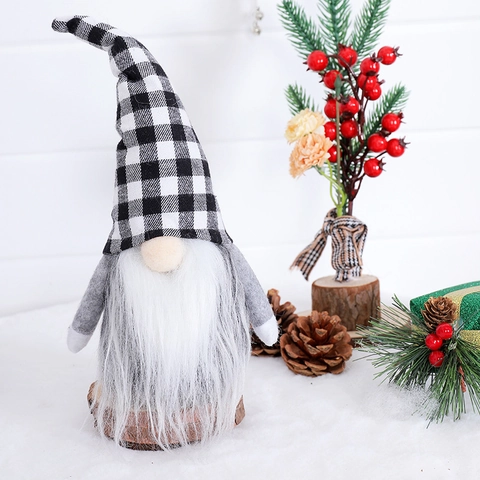 Christmas Gnome Plaid Hat Faceless Doll Ornament Polyester Wood Base Festive Holiday Home Decor For Party Tabletop