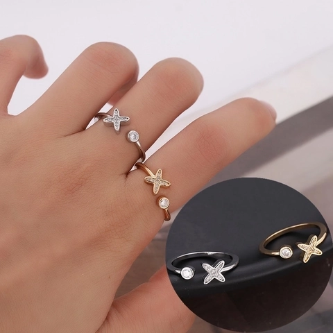 Minimalist Copper Zirconia Star Open Ring For Women Adjustable Electroplated Star Cross Finger Ring Fashion Jewelry Gift