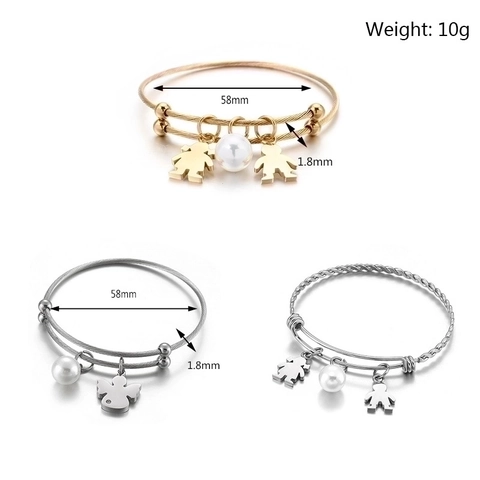 Stainless Steel Bangle Bracelet With Shell Artificial Pearl And Heart Angel Star Pendants Adjustable Open Cuff Wire Jewelry For Women