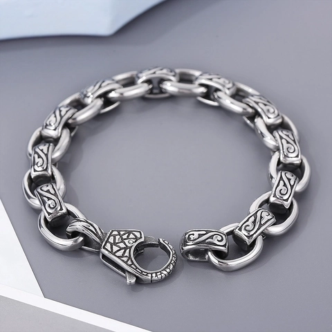Vintage Men Bracelet Stainless Steel Carved Totem Pattern Retro Gothic Punk Chain Link Bangle Jewelry