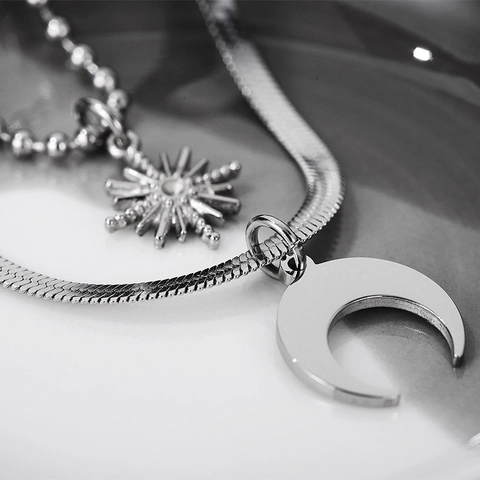 Double Layer Sun Moon Pendant Necklace Stainless Steel Snake Bone Herringbone Chain Bead Chain Minimalist Jewelry Unisex