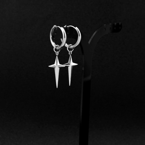 Stainless Steel Three Dimensional Four Pointed Star Pendant Hoop Earrings Hip Hop Punk Minimalist Unisex Dangle Jewelry