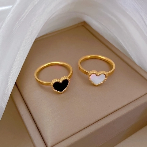 Anillo De Acero De Titanio En Forma De Corazón Con Borde Perlado Incrustación De Concha Estilo Francés Para Mujeres Hombres