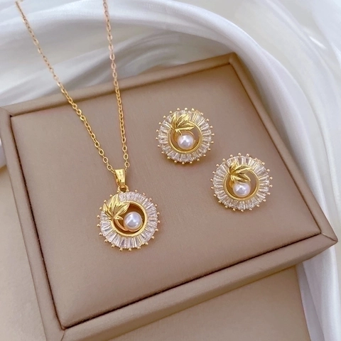 Sunflower Artificial Pearl Necklace And Earrings With Silver Earring Post Titanium Steel Copper Zircon Leaf Elegant For Women