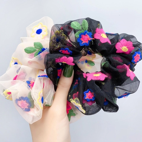 Scrunchie In Rete Ricamata Floreale Grande Elastico Per Capelli Organza Porta Coda Cavallo Accessori Per Donne Ragazze