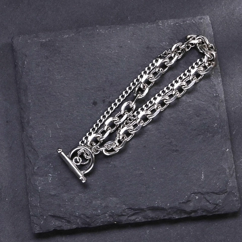 Double Layer Chain Bracelet Stainless Steel OT Toggle Clasp Hip Hop Punk Jewelry Unisex Silver Tone