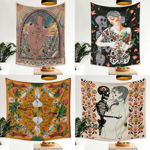 Arazzo Bohemien Da Parete Poliestere Mistico Scheletro Arte Floreale Per Camera Da Letto Soggiorno Decorazione Estetica