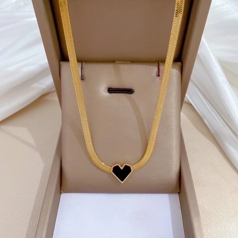 Collier Pendentif Cœur Noir Double Face Acier Titane Plaqué Or Bordure Perlée Chaîne À Chevrons Bijoux Femme