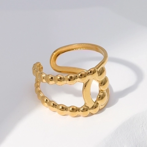 Anillo Ajustable Acero Inoxidable Chapado En Oro Doble Capa Borde Perlado Hueco Geométrico Joyería Minimalista Para Mujer