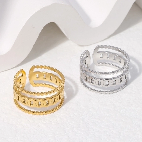 Anillo De Cadena Abierto Ajustable Acero Inoxidable Hueco Triple Capa Borde De Cuentas Joyería Geométrica Para Mujeres