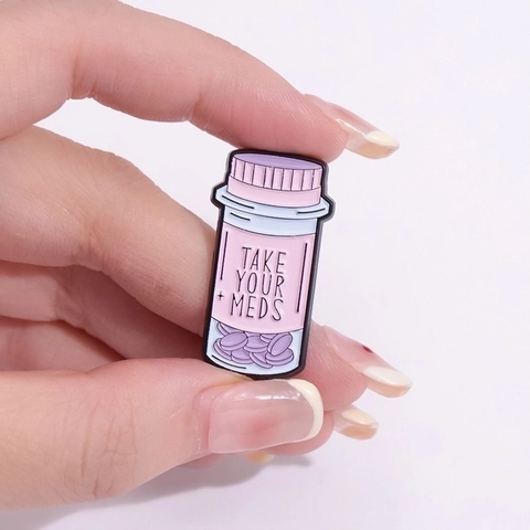 Cartoon Medicine Bottle Alloy Enamel Pins Mental Health Quotes Take Your Meds Lapel Pin Badge For Backpack Jacket Decor