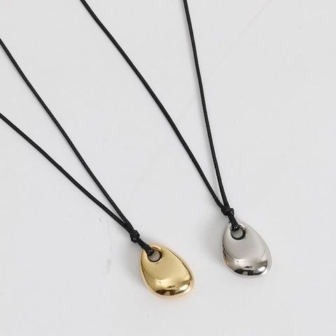 Minimalist Teardrop Bean Pendant Necklace Titanium Steel With Long Black Leather Cord For Men Women Geometric Polished