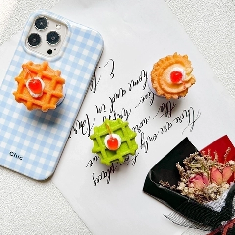 3D Simulation Food Phone Stand Retractable Griptok Kawaii Cream Waffle Cherry Dessert Mobile Desktop Holder Adhesive