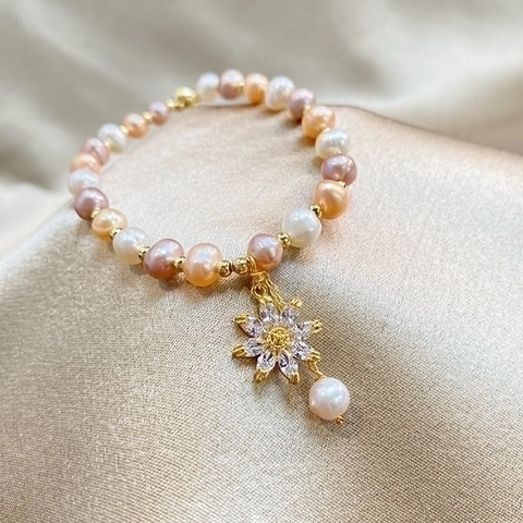 Bracciale Di Perle D'acqua Dolce Multicolore Con Ciondolo A Girasole In Zircone Regolabile Gioielli Eleganti