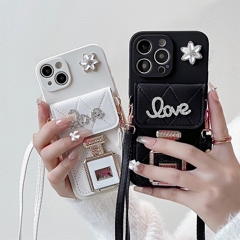 Luxury Rhinestone Perfume Bottle Phone Case With Crossbody Strap Quilted PU Leather Wallet Card Holder Mirror Smartphone