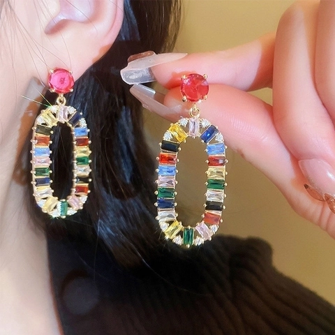 Luxury Colorful Zirconia Oval Dangle Earrings For Women Korean Fashion Copper Rainbow Rhinestone Drop Earrings Jewelry