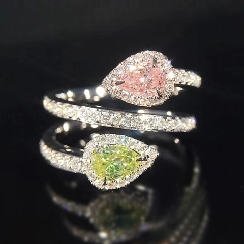 Elegante Anillo en Espiral de Cobre Circonia para Mujer Con Piedras en Forma de Pera Rosa Verdes Diseño de Gota Joyería de Moda Regalo