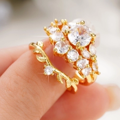Vintage Vergoldetes Kupfer Zirkonia Ring Set Für Damen Elegant Krone Blatt Muster Stapelbar Hochzeit Party Schmuck