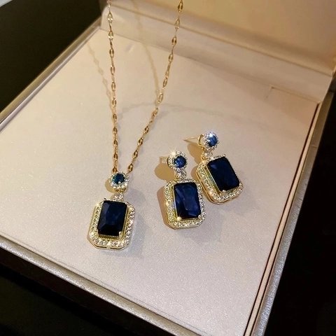 Collana Orecchini Anello Rame Zircone Rettangolo Blu Verde Pietra Preziosa Retrò Palazzo Lusso Francese Donne Accessorio