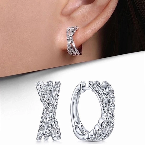 Criss Cross Huggie Hoop Oorbellen Koper Zirkoon Micro Pave Meerdere Rijen X Vorm Mode Sieraden Voor Dames