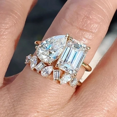 Toi Et Moi Ring Damen Kupfer Zirkon Birne Smaragd Schliff Geometrisch Doppelstein Funkelnder Finger Schmuck Elegant Geschenk