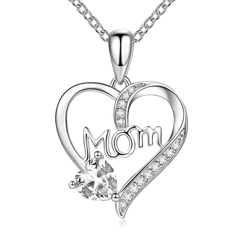 Fashion Heart Pendant Necklace For Women Copper Inlaid Zirconia Mom Letter Silver Plated Chain Necklace Jewelry Gift For Mother